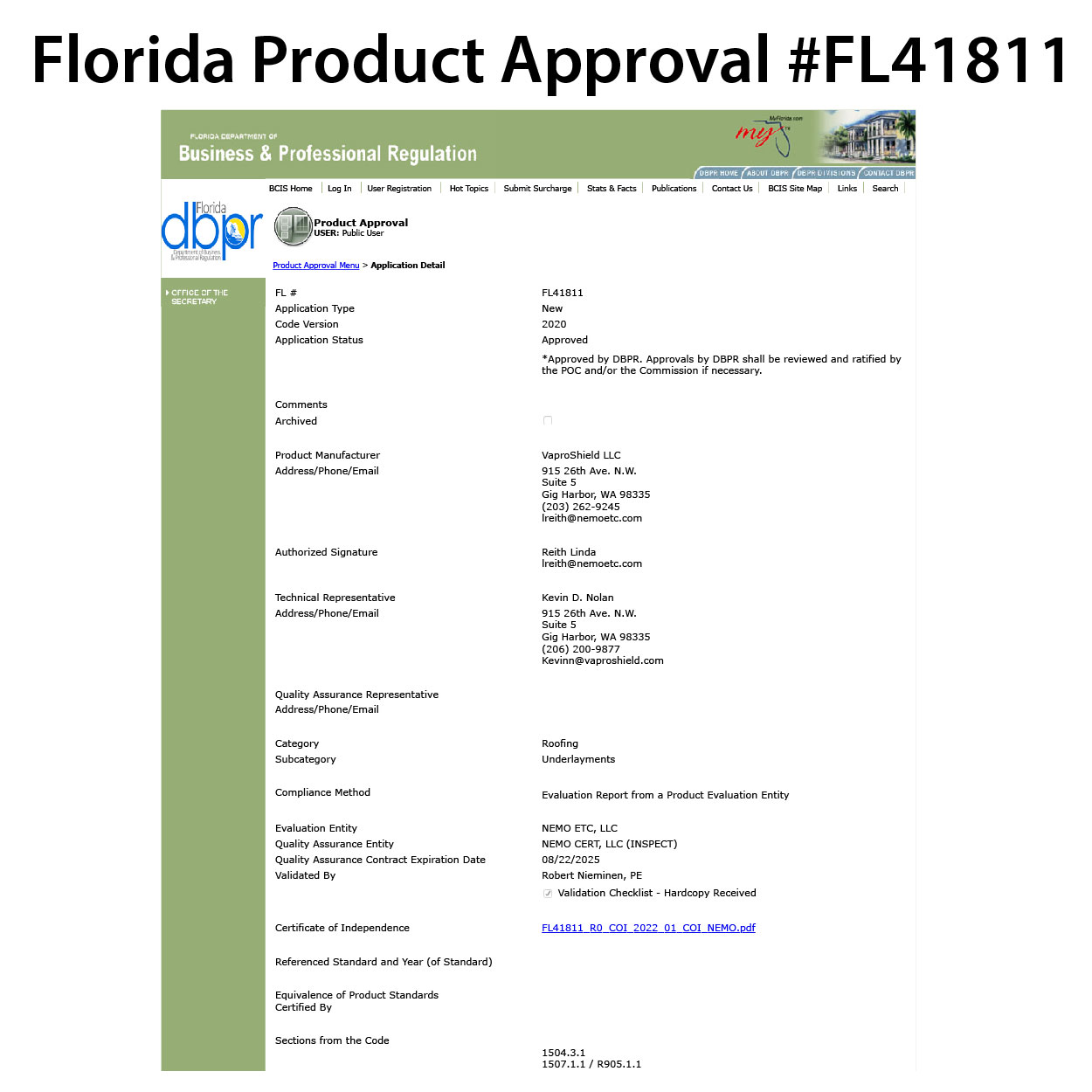 Florida Product Approval FL41811 Image